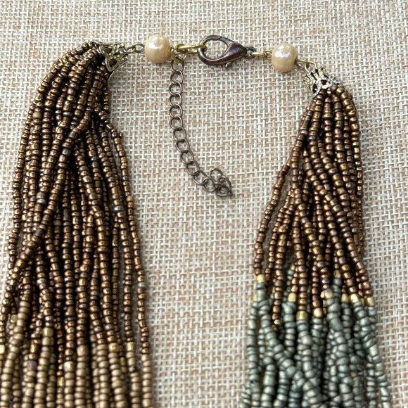 Green, Tan and Brown Glass Seed Beaded Necklace - Picture 4 of 7